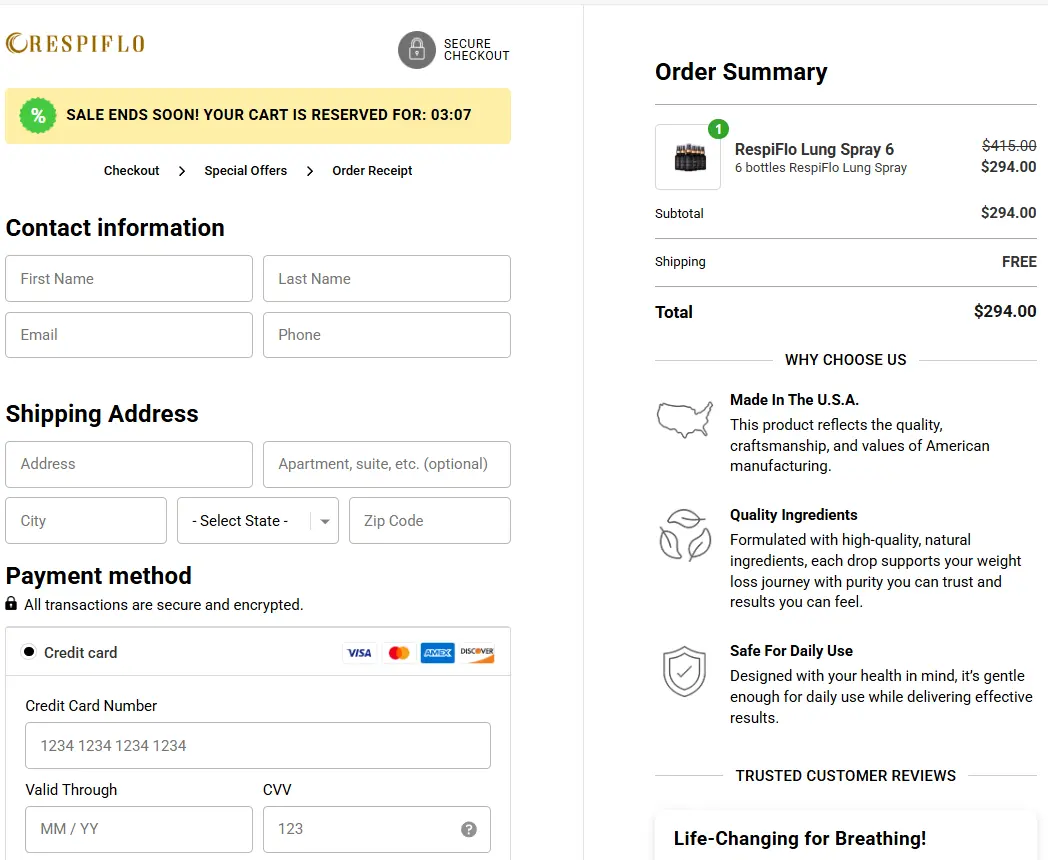 RespiFlo Checkout RespiFlo Order Page